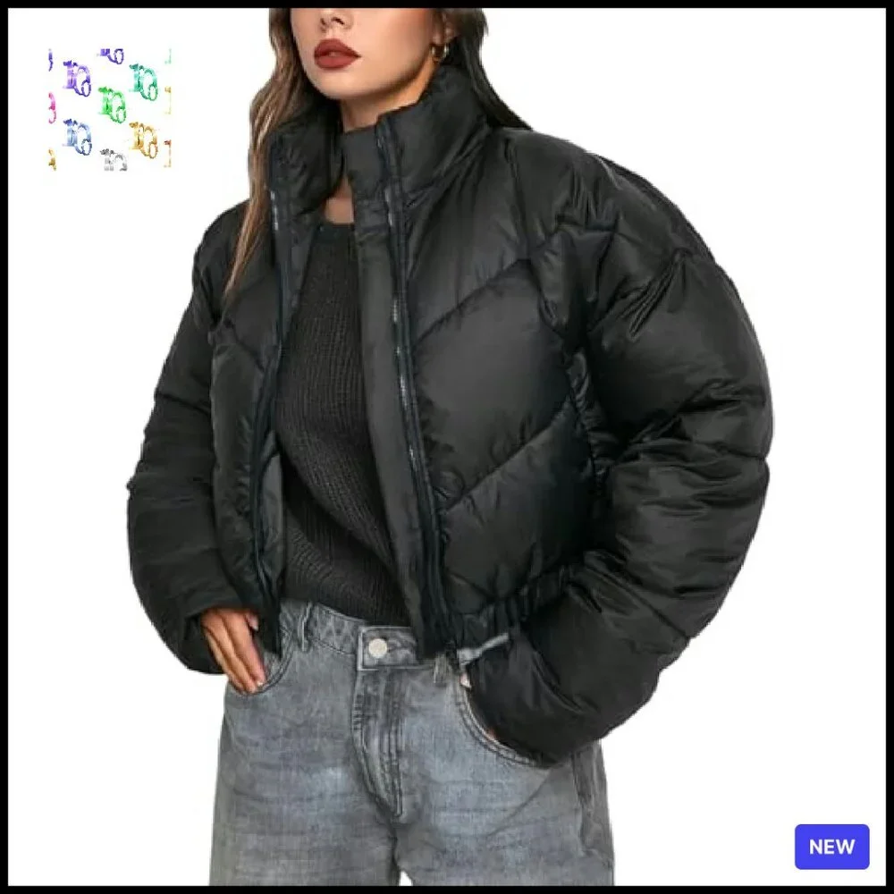 Cropped Puffer Jacket Winter Warm Quilted Zip Up Stand Collar Chic - Picture 2 of 7